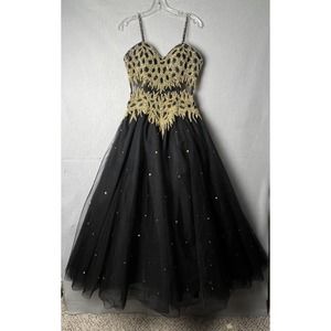CACHE Black Spaghetti Strap Gold Beaded Long Evening Gown Dress Size 10
